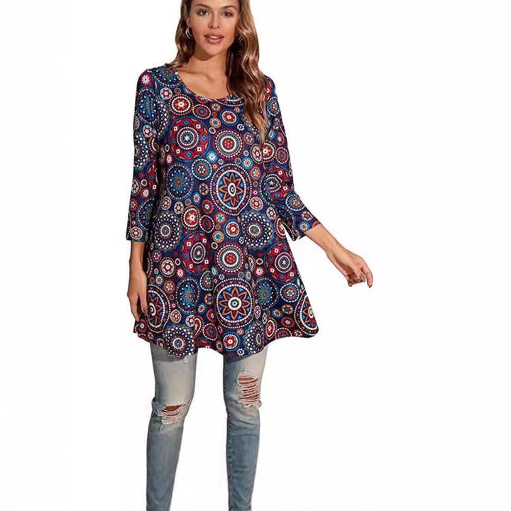 Women's Boho Mandala Print 3/4 Sleeve Swing Tunic