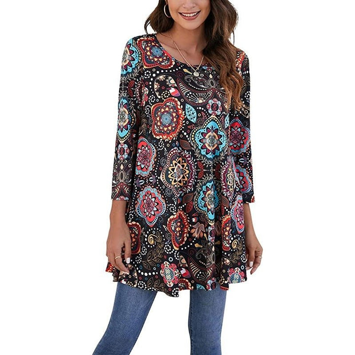 Women's Boho Mandala Print 3/4 Sleeve Swing Tunic - A2