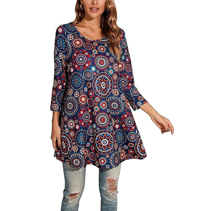 Women's Boho Mandala Print 3/4 Sleeve Swing Tunic - 11