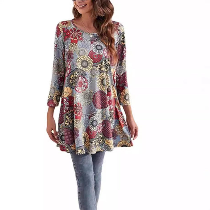Women's Boho Mandala Print 3/4 Sleeve Swing Tunic