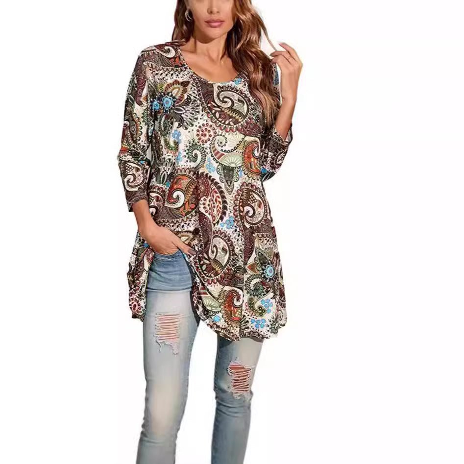 Women's Boho Mandala Print 3/4 Sleeve Swing Tunic