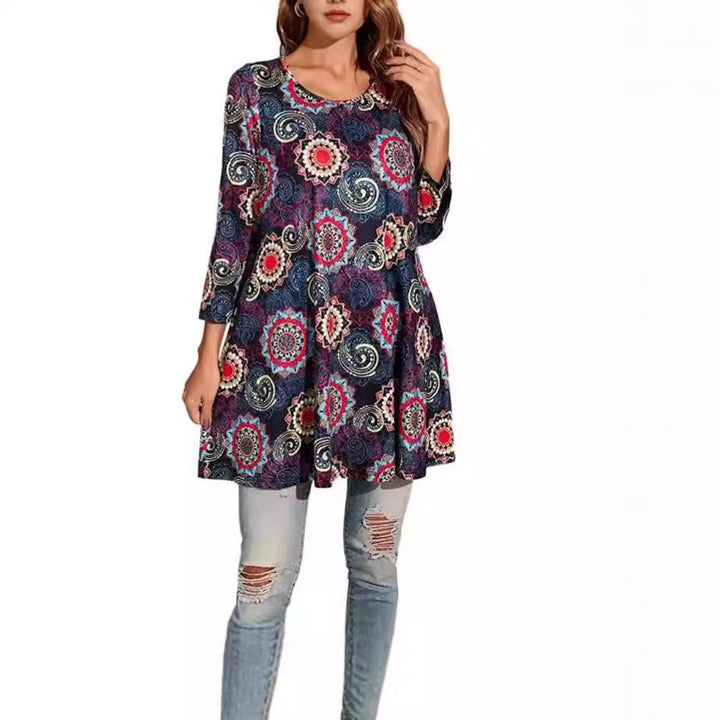 Women's Boho Mandala Print 3/4 Sleeve Swing Tunic