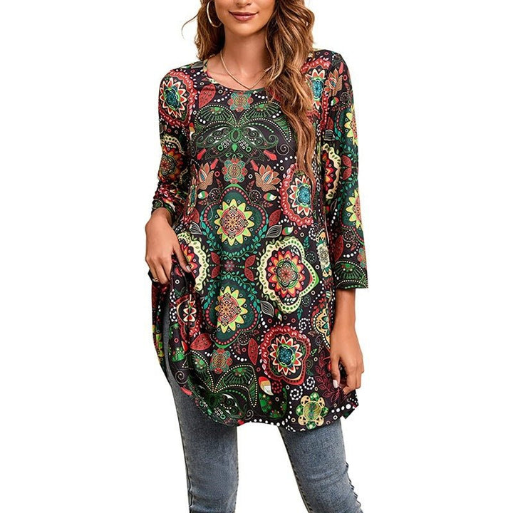 Women's Boho Mandala Print 3/4 Sleeve Swing Tunic - A16