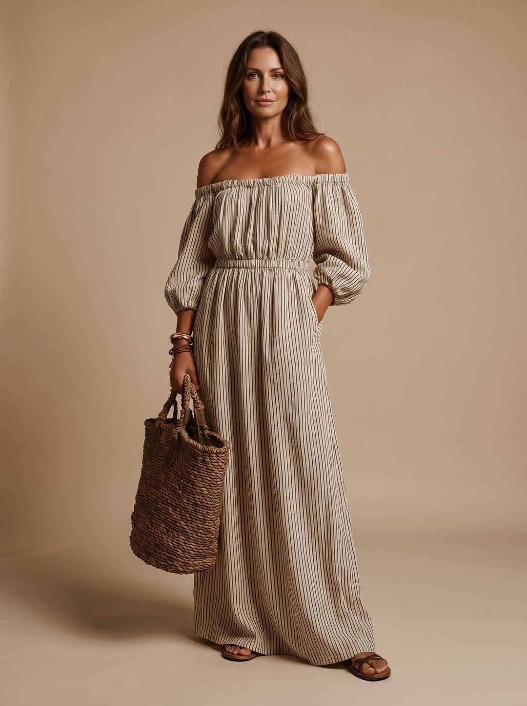 Women's Boho Off-Shoulder Striped Linen Blend Maxi Dress - Beige