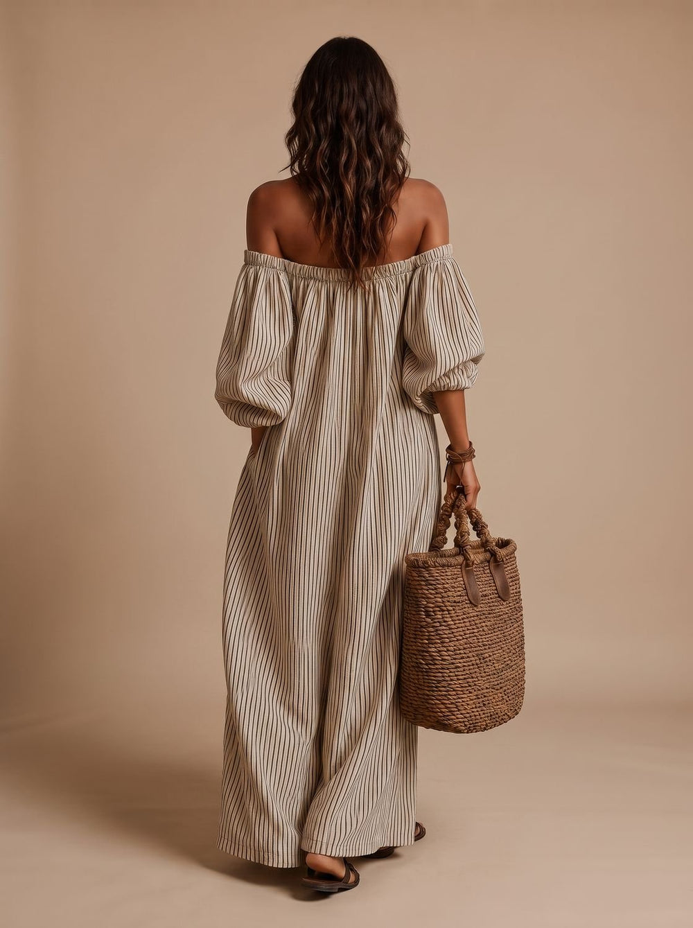 Women's Boho Off-Shoulder Striped Linen Blend Maxi Dress