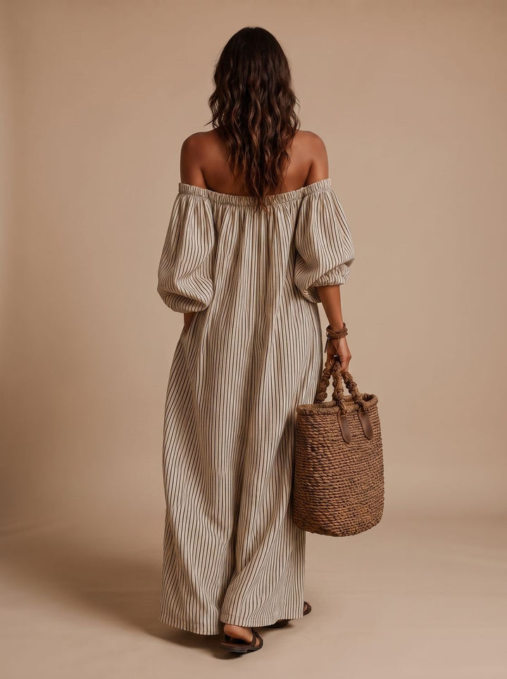 Women's Boho Off-Shoulder Striped Linen Blend Maxi Dress