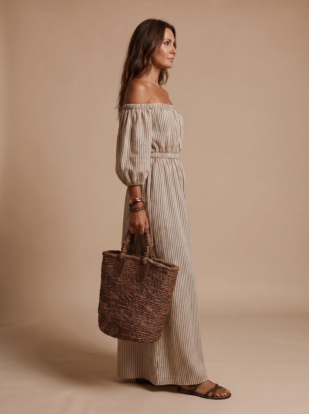 Women's Boho Off-Shoulder Striped Linen Blend Maxi Dress