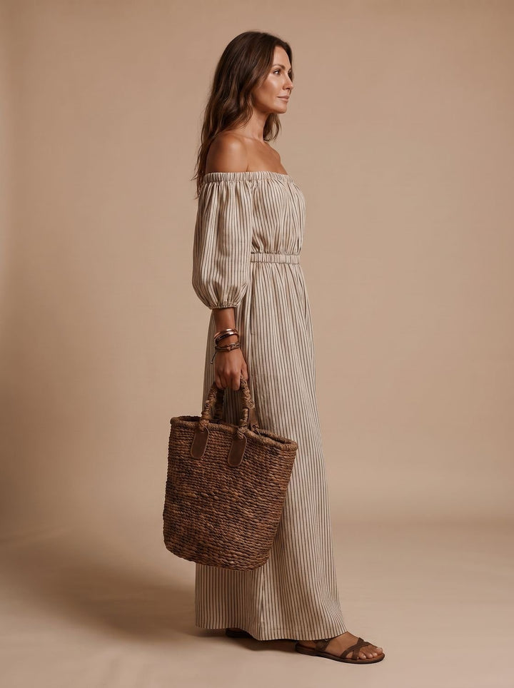 Women's Boho Off-Shoulder Striped Linen Blend Maxi Dress