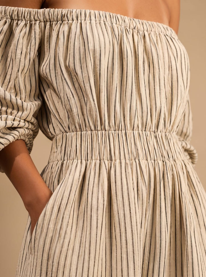 Women's Boho Off-Shoulder Striped Linen Blend Maxi Dress