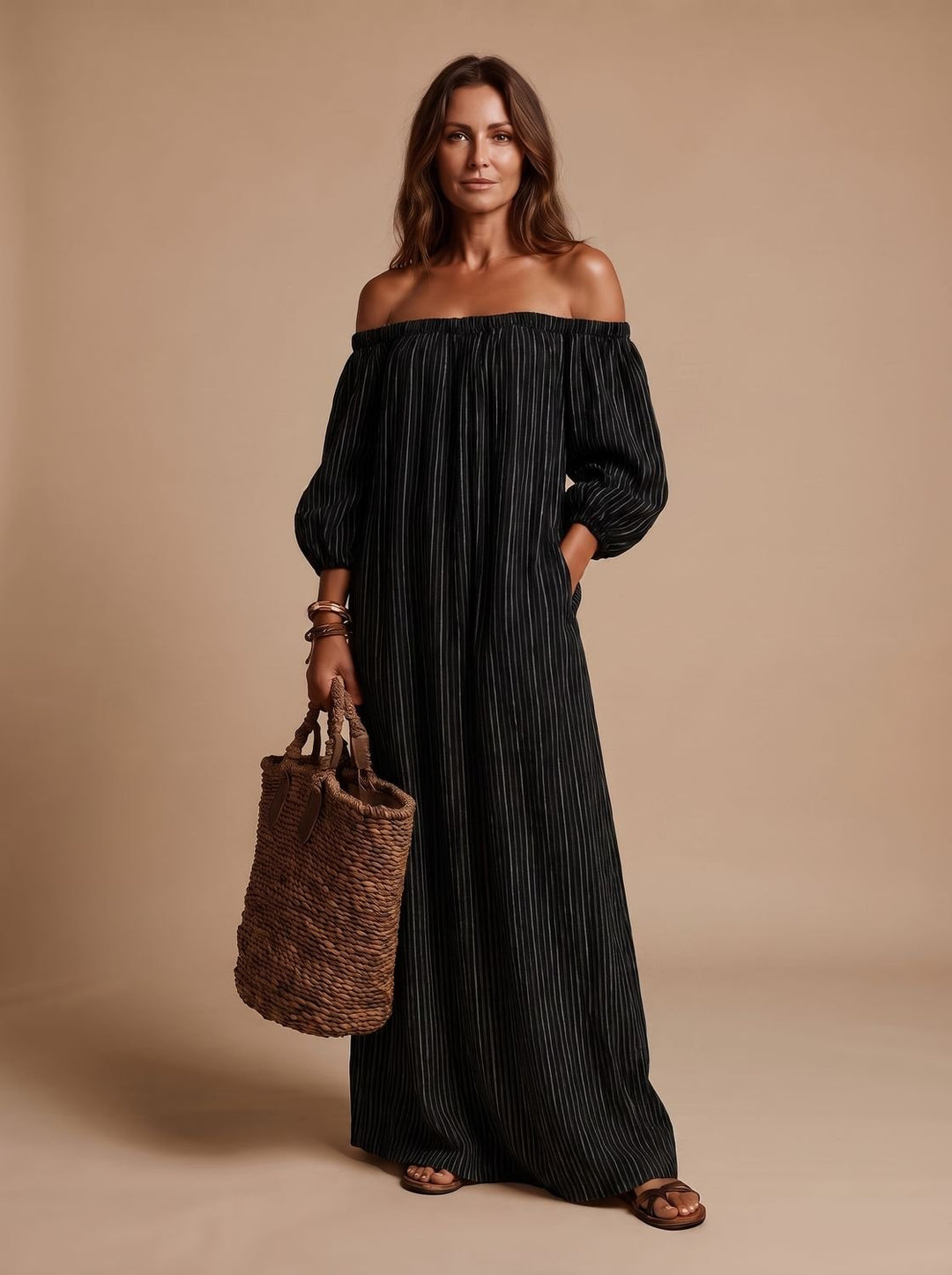 Women's Boho Off-Shoulder Striped Linen Blend Maxi Dress - Black
