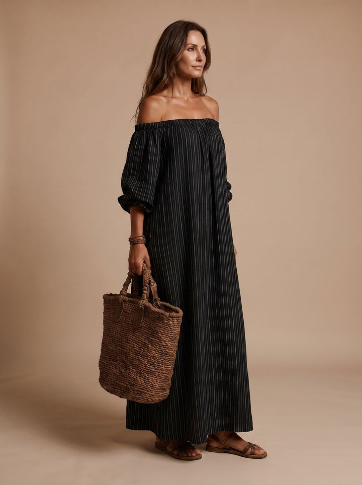 Women's Boho Off-Shoulder Striped Linen Blend Maxi Dress