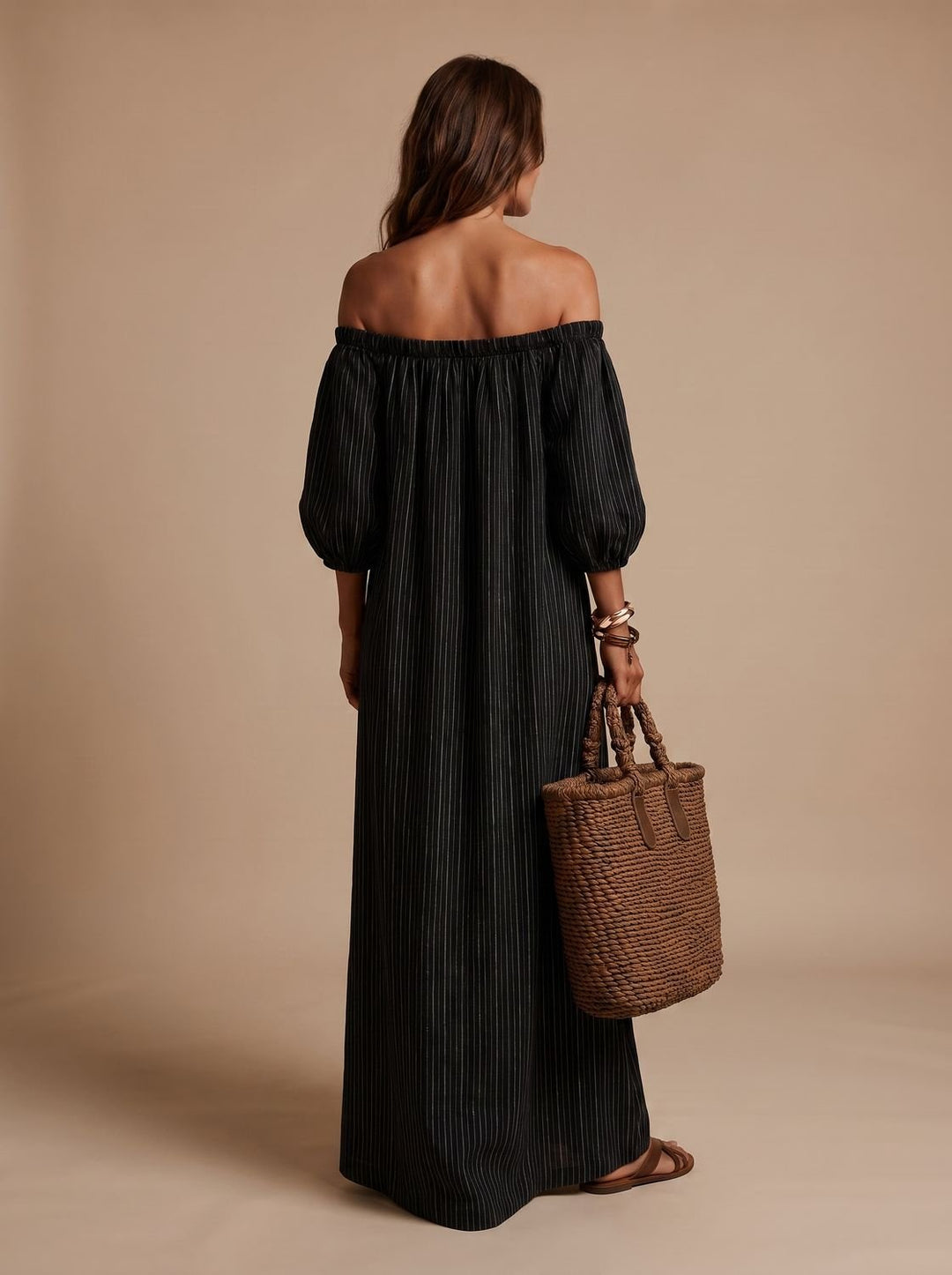 Women's Boho Off-Shoulder Striped Linen Blend Maxi Dress