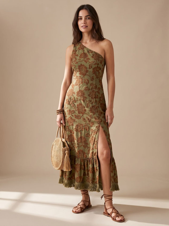 Women's Boho One-Shoulder Floral Fringe Maxi Dress