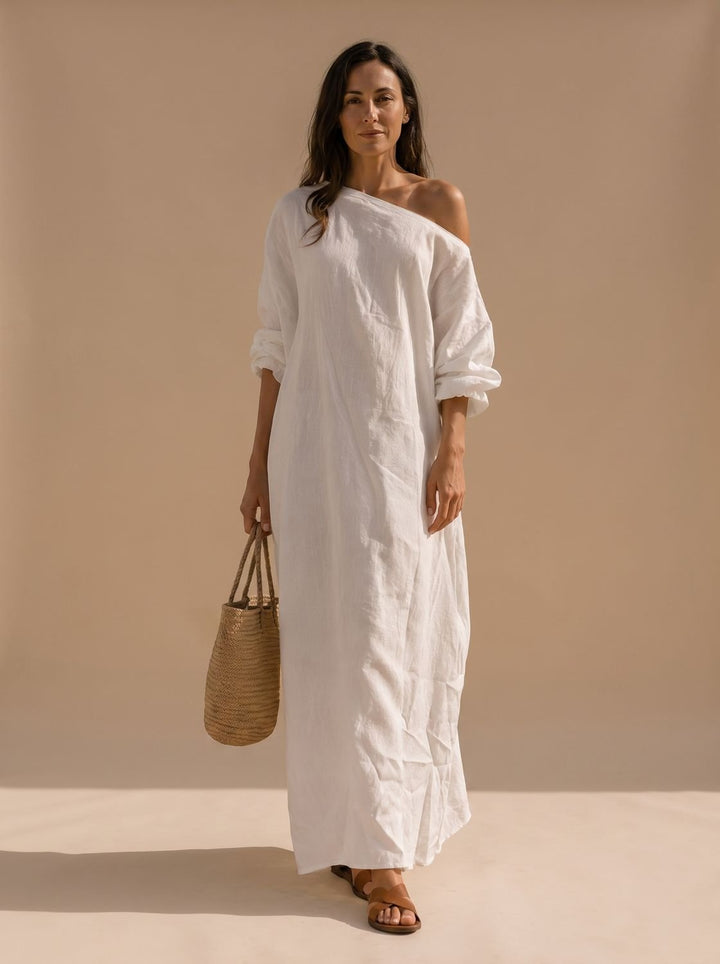 Women's Boho One-Shoulder Linen Maxi Dress Wide Sleeve