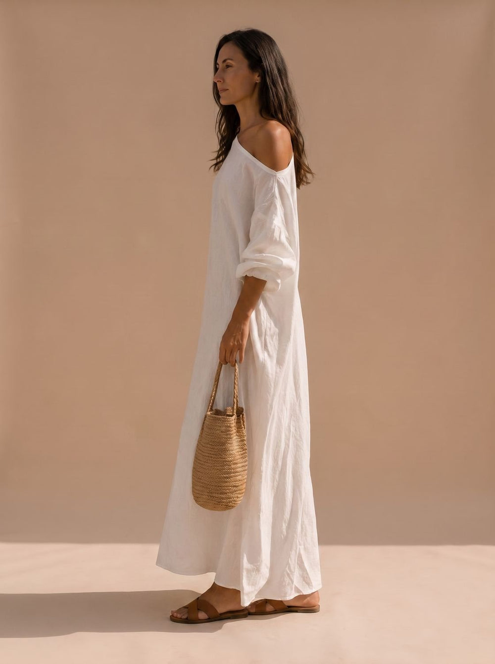 Women's Boho One-Shoulder Linen Maxi Dress Wide Sleeve