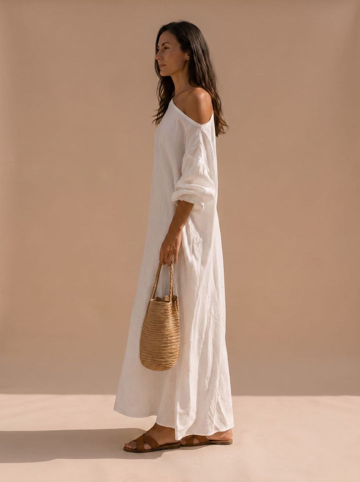 Women's Boho One-Shoulder Linen Maxi Dress Wide Sleeve
