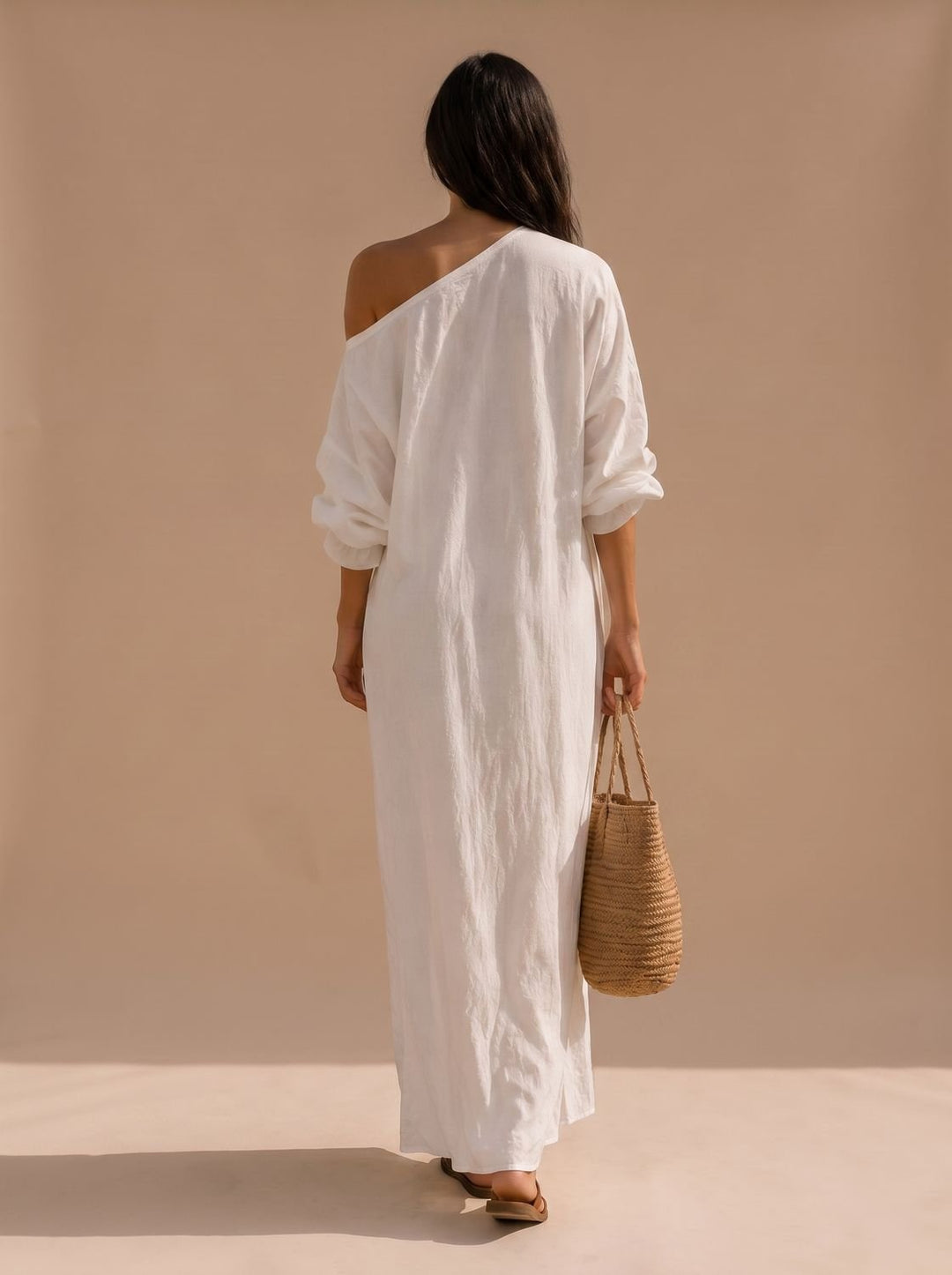 Women's Boho One-Shoulder Linen Maxi Dress Wide Sleeve