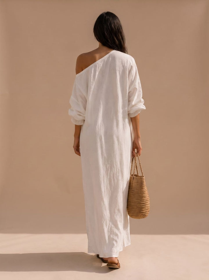 Women's Boho One-Shoulder Linen Maxi Dress Wide Sleeve