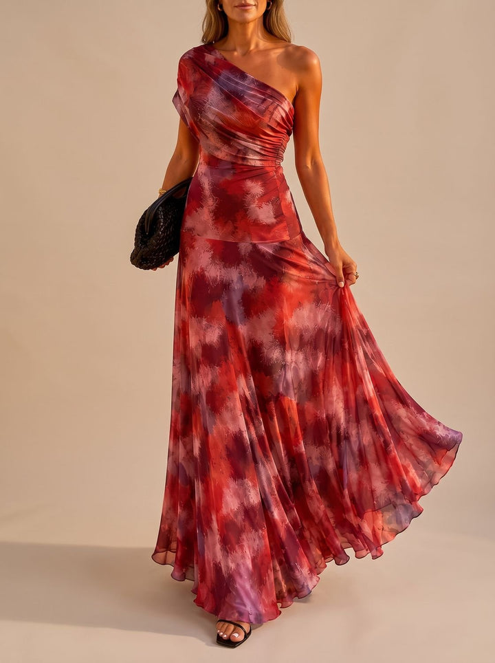 Women's Boho One-Shoulder Ruched Flowy Maxi Dress - Red