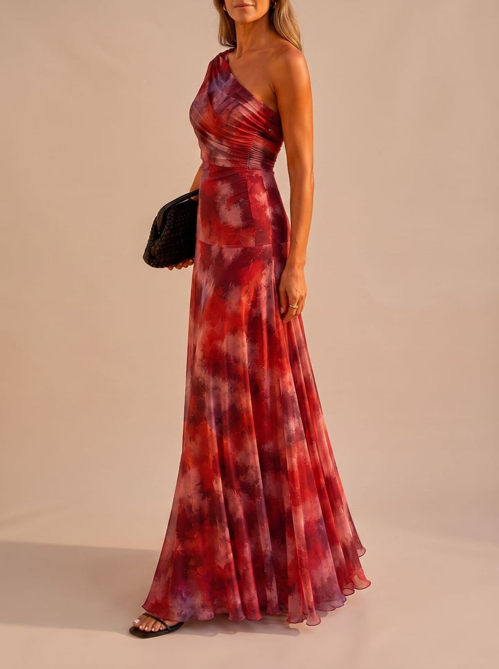 Women's Boho One-Shoulder Ruched Flowy Maxi Dress