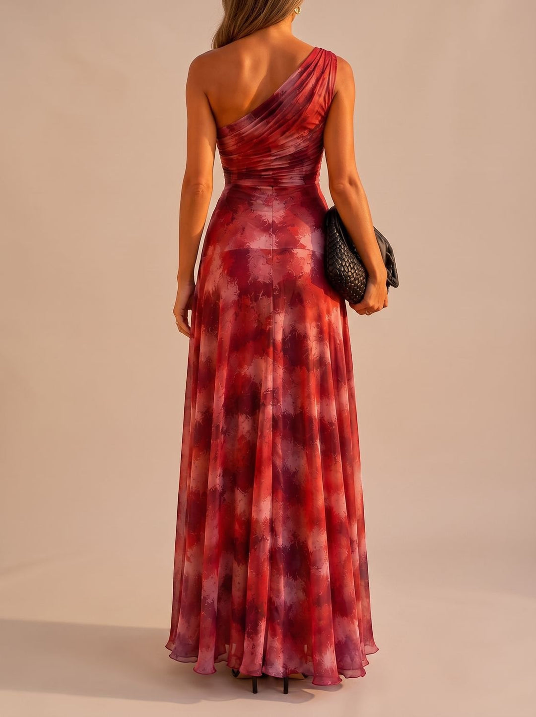 Women's Boho One-Shoulder Ruched Flowy Maxi Dress