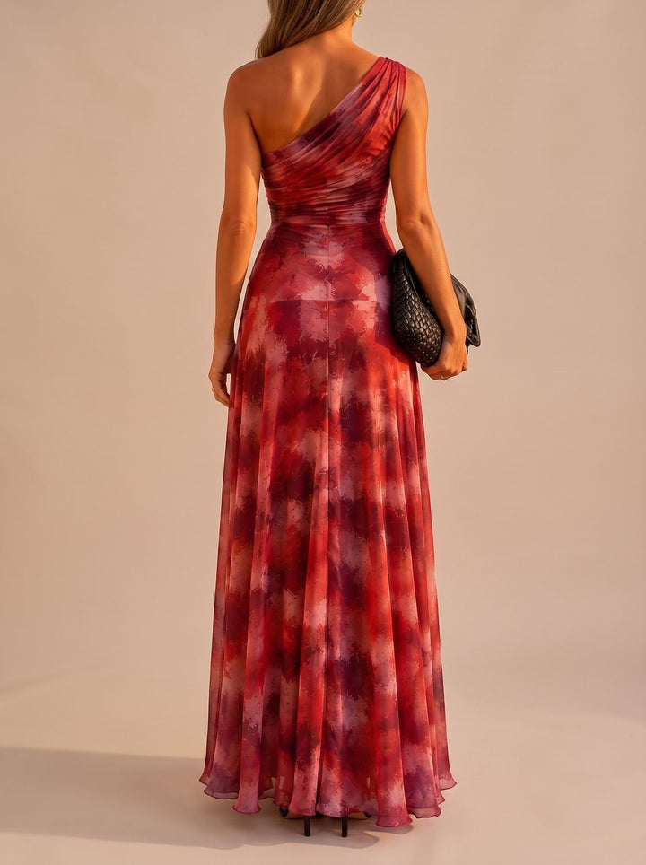 Women's Boho One-Shoulder Ruched Flowy Maxi Dress