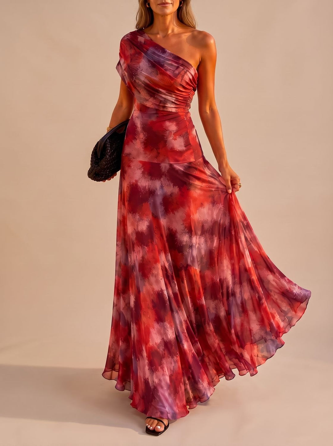 Women's Boho One-Shoulder Ruched Flowy Maxi Dress - Purple