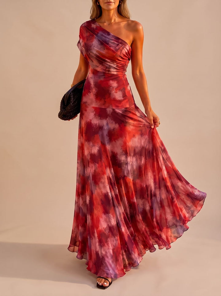 Women's Boho One-Shoulder Ruched Flowy Maxi Dress - Purple