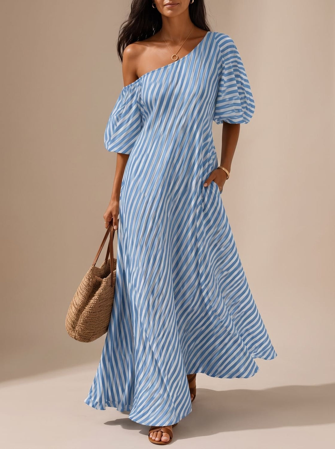 Women's Boho One-Shoulder Striped Flowy Maxi Dress - Blue
