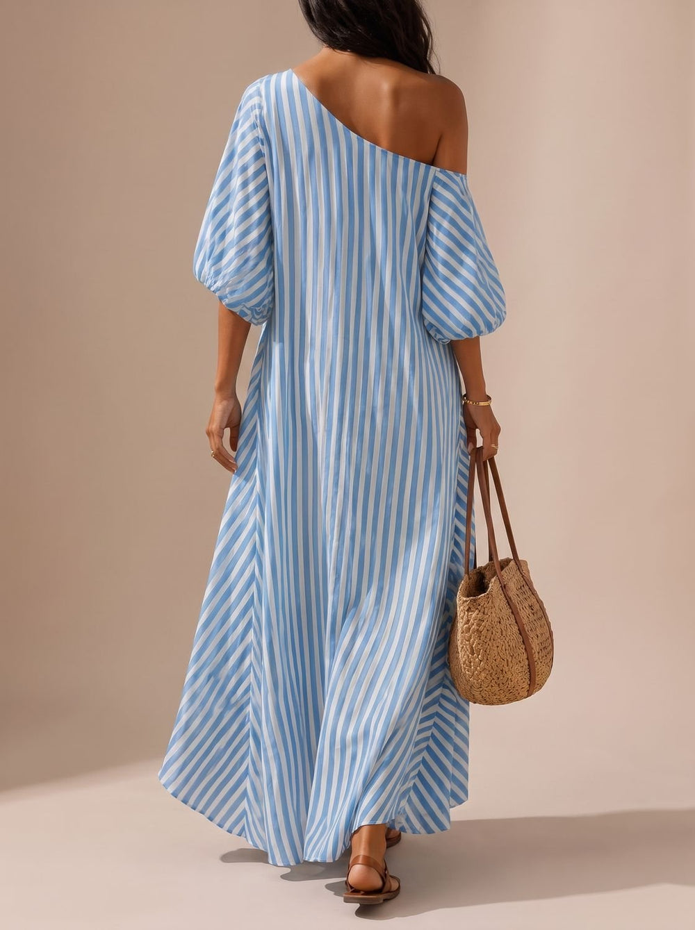 Women's Boho One-Shoulder Striped Flowy Maxi Dress