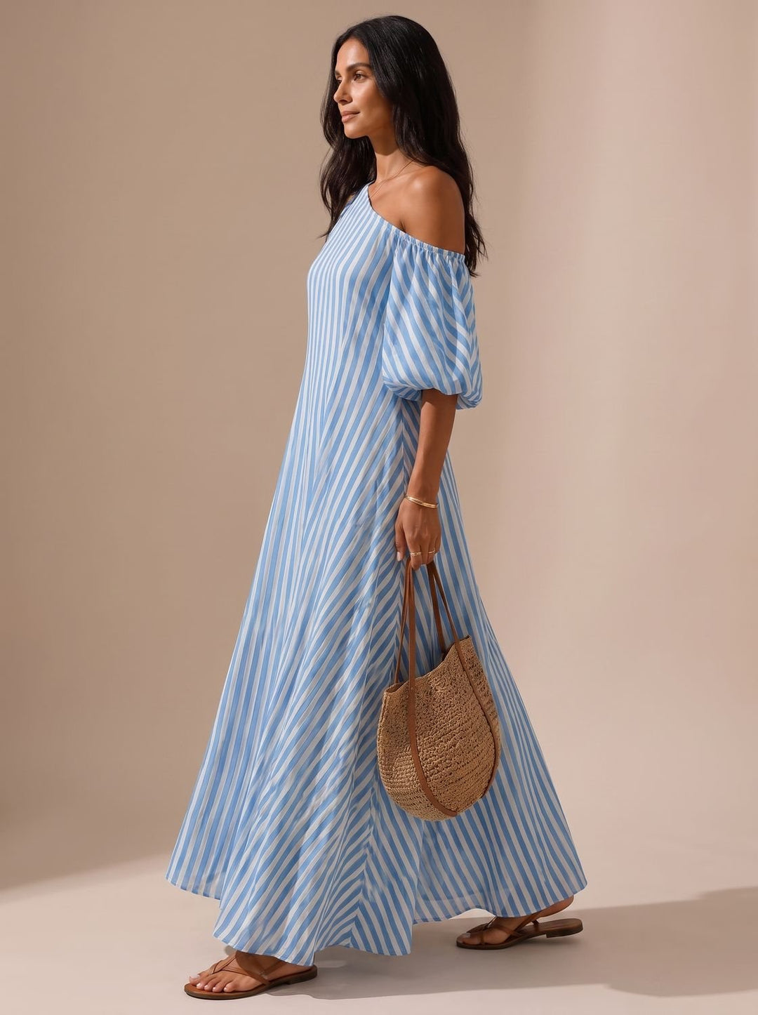 Women's Boho One-Shoulder Striped Flowy Maxi Dress