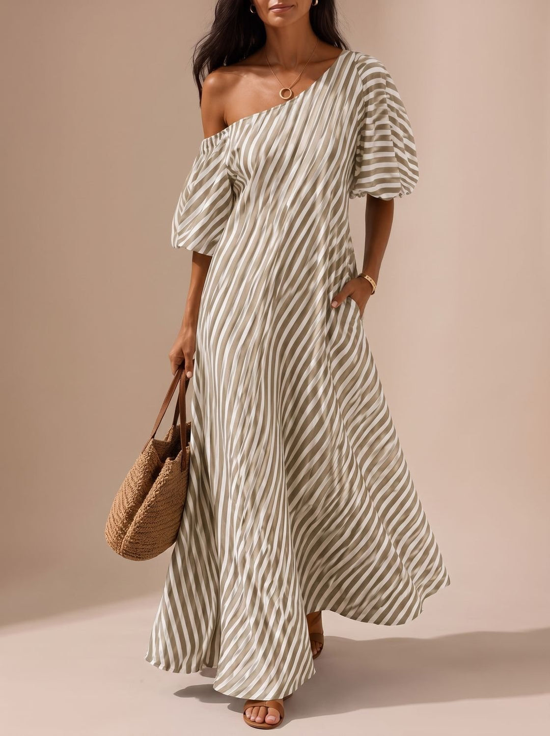 Women's Boho One-Shoulder Striped Flowy Maxi Dress - Khaki