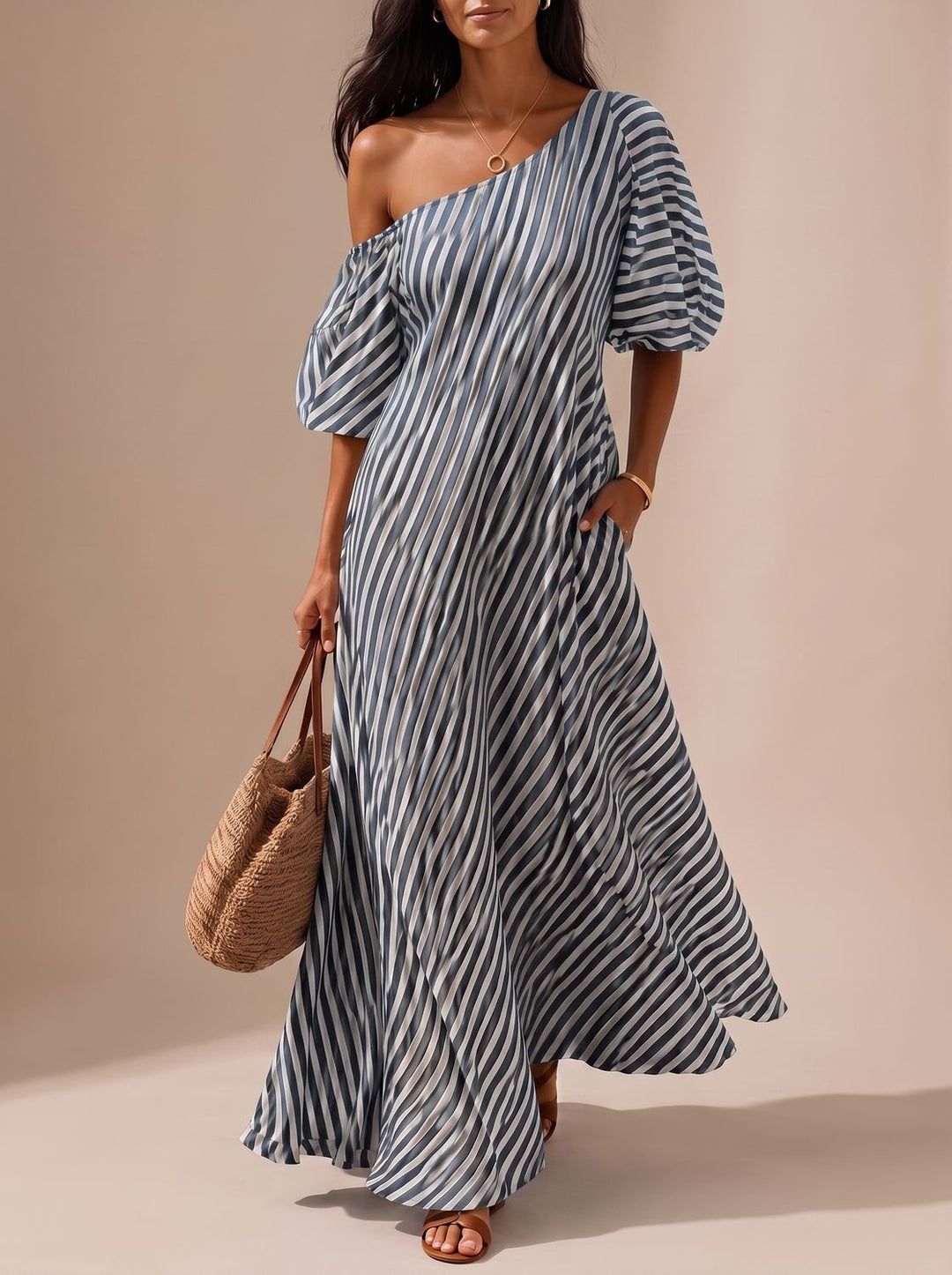 Women's Boho One-Shoulder Striped Flowy Maxi Dress - Black