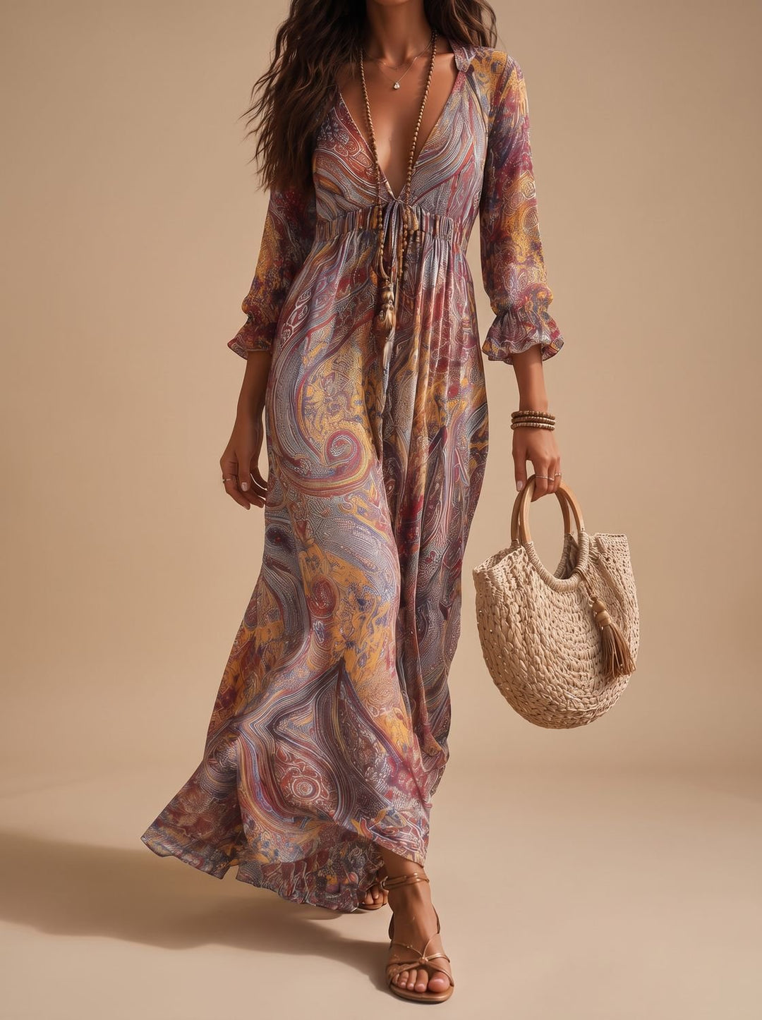 Women's Boho Paisley Flowy Long-Sleeve Maxi Dress