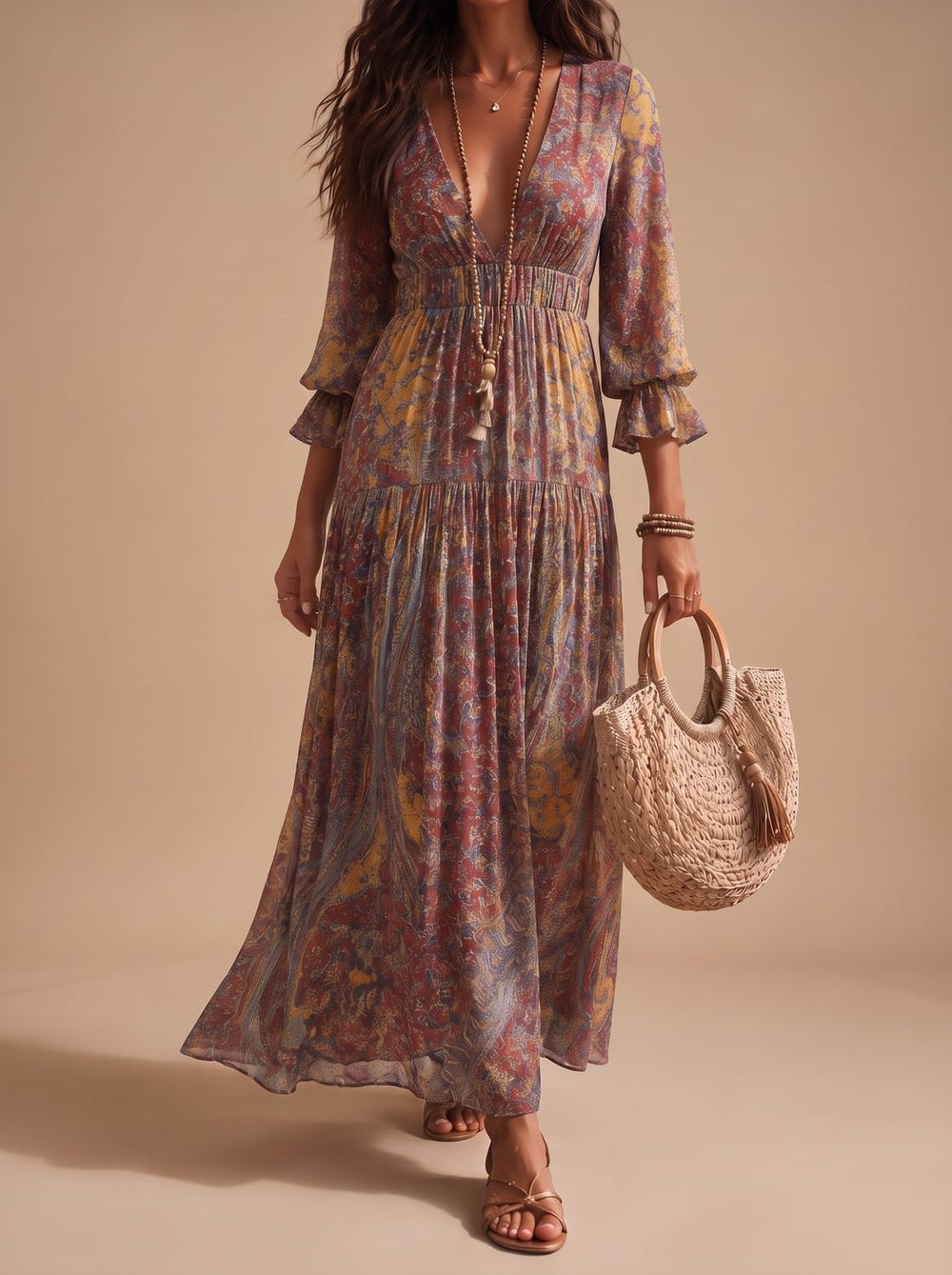 Women's Boho Paisley Flowy Long-Sleeve Maxi Dress