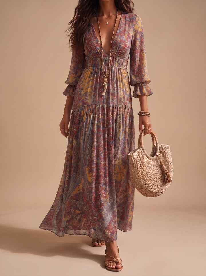 Women's Boho Paisley Flowy Long-Sleeve Maxi Dress