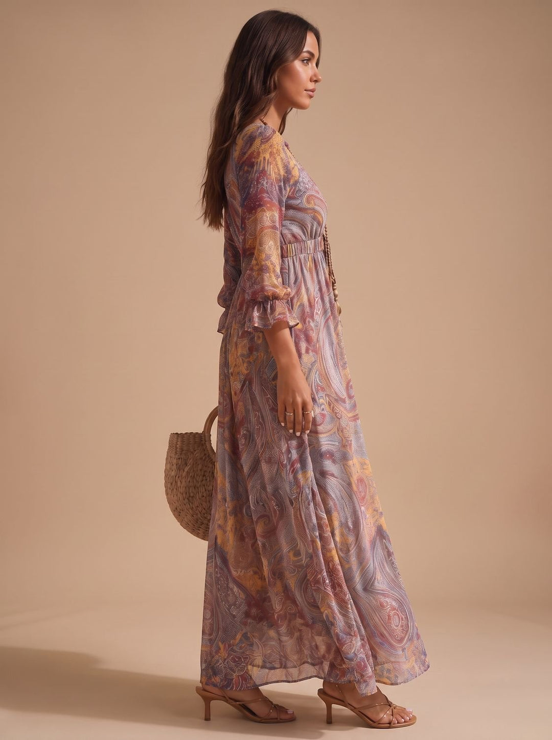 Women's Boho Paisley Flowy Long-Sleeve Maxi Dress