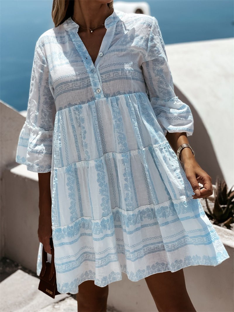 Women's Boho Printed Tiered Tunic Mini Dress Relaxed Fit