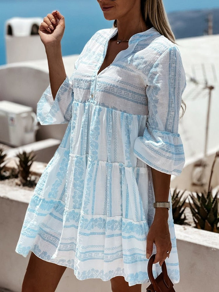 Women's Boho Printed Tiered Tunic Mini Dress Relaxed Fit