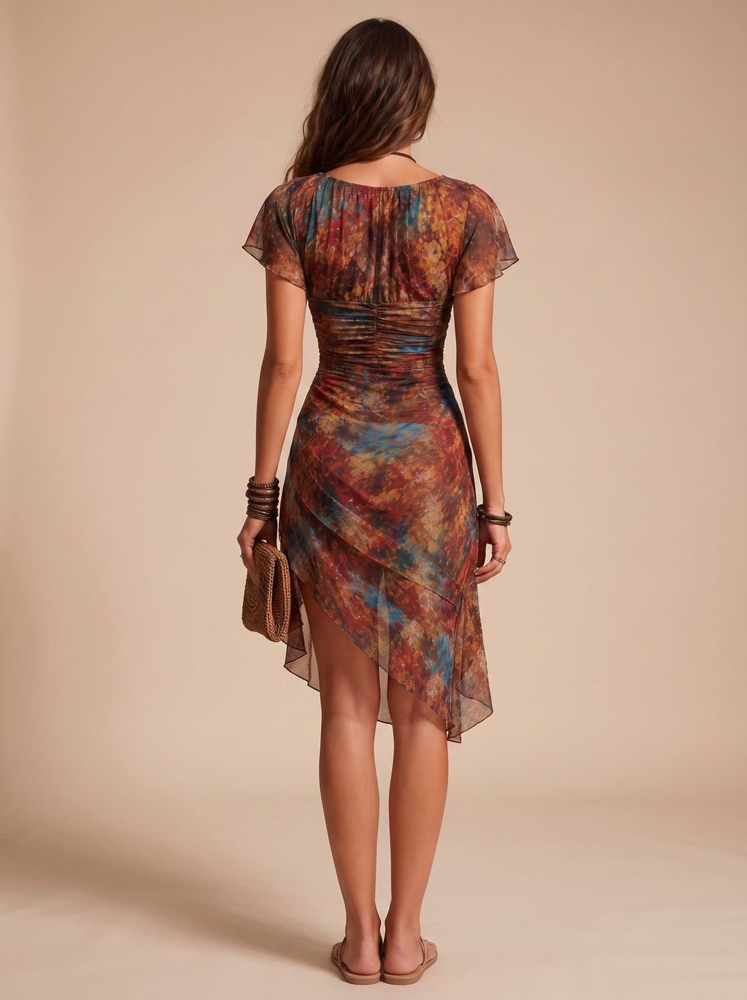 Women's Boho Ruched V-Neck Floral Midi Sundress
