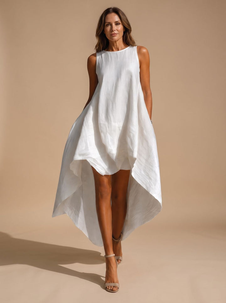 Women's Boho Sleeveless Asymmetric Hem Flowy Midi Dress - White