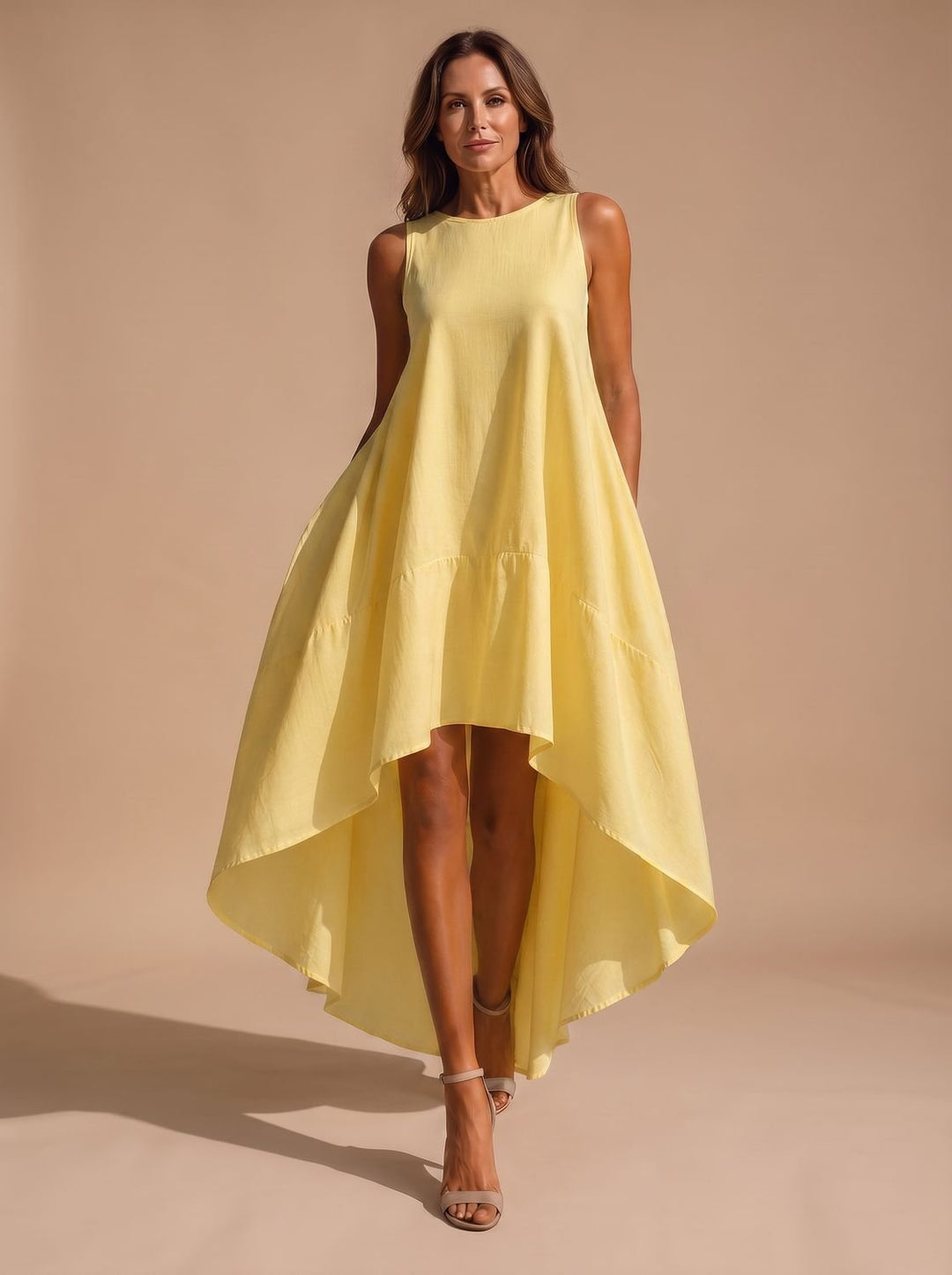 Women's Boho Sleeveless Asymmetric Hem Flowy Midi Dress - Yellow