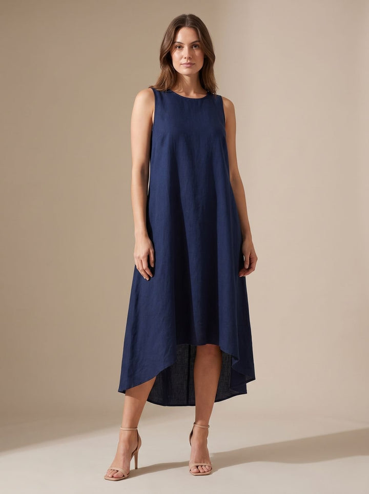 Women's Boho Sleeveless Asymmetric Hem Flowy Midi Dress - Navy Blue