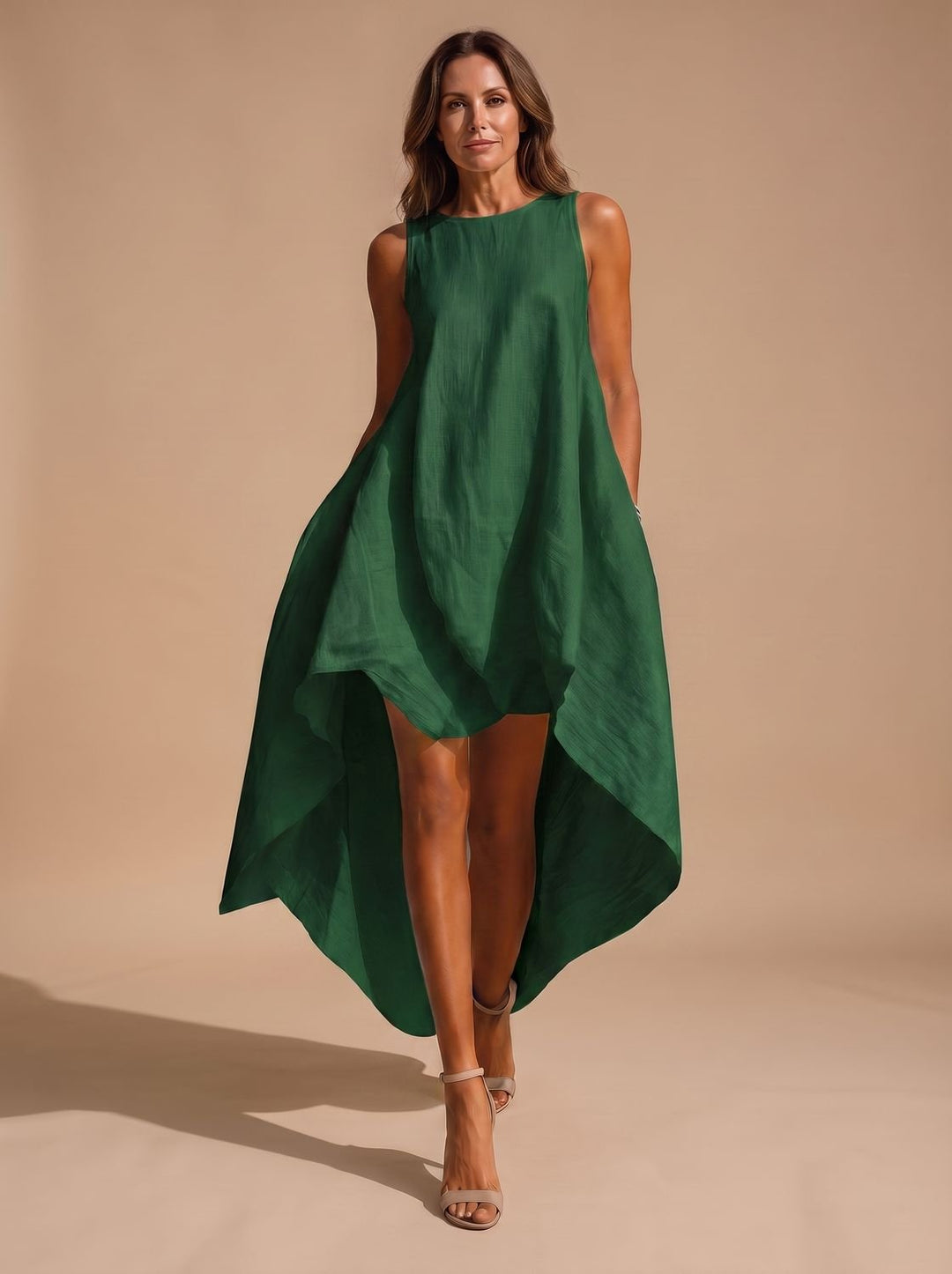 Women's Boho Sleeveless Asymmetric Hem Flowy Midi Dress - Green