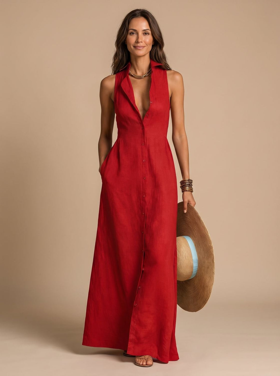 Women's Boho Sleeveless Button-Down Linen Maxi Beach Dress