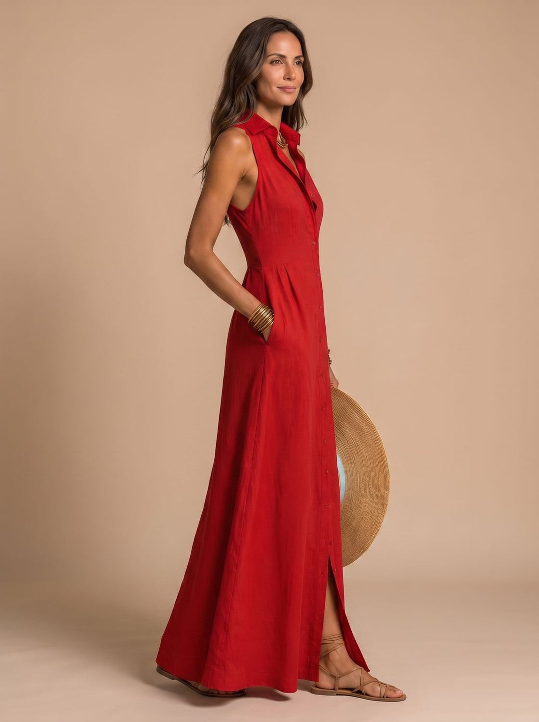 Women's Boho Sleeveless Button-Down Linen Maxi Beach Dress