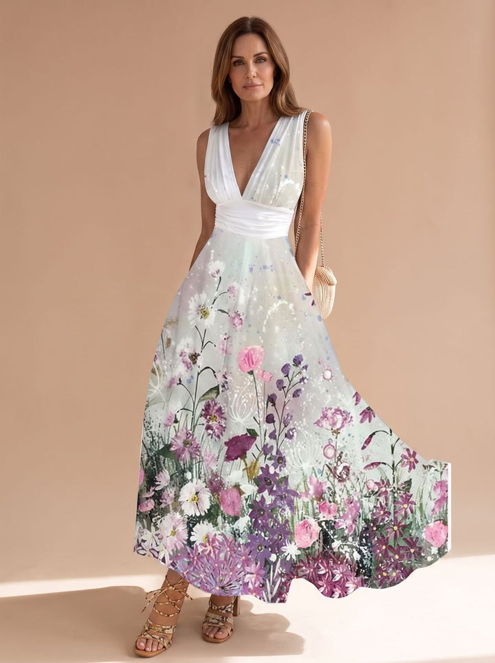 Women's Boho Sleeveless V-Neck Floral Maxi Dress