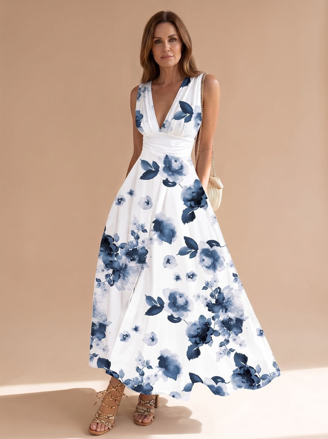 Women's Boho Sleeveless V-Neck Floral Maxi Dress