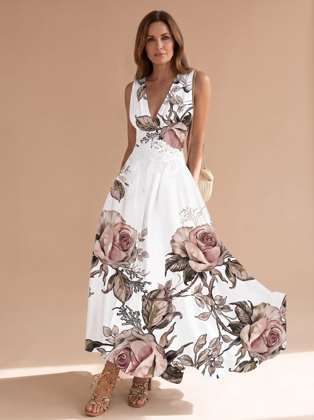 Women's Boho Sleeveless V-Neck Floral Maxi Dress