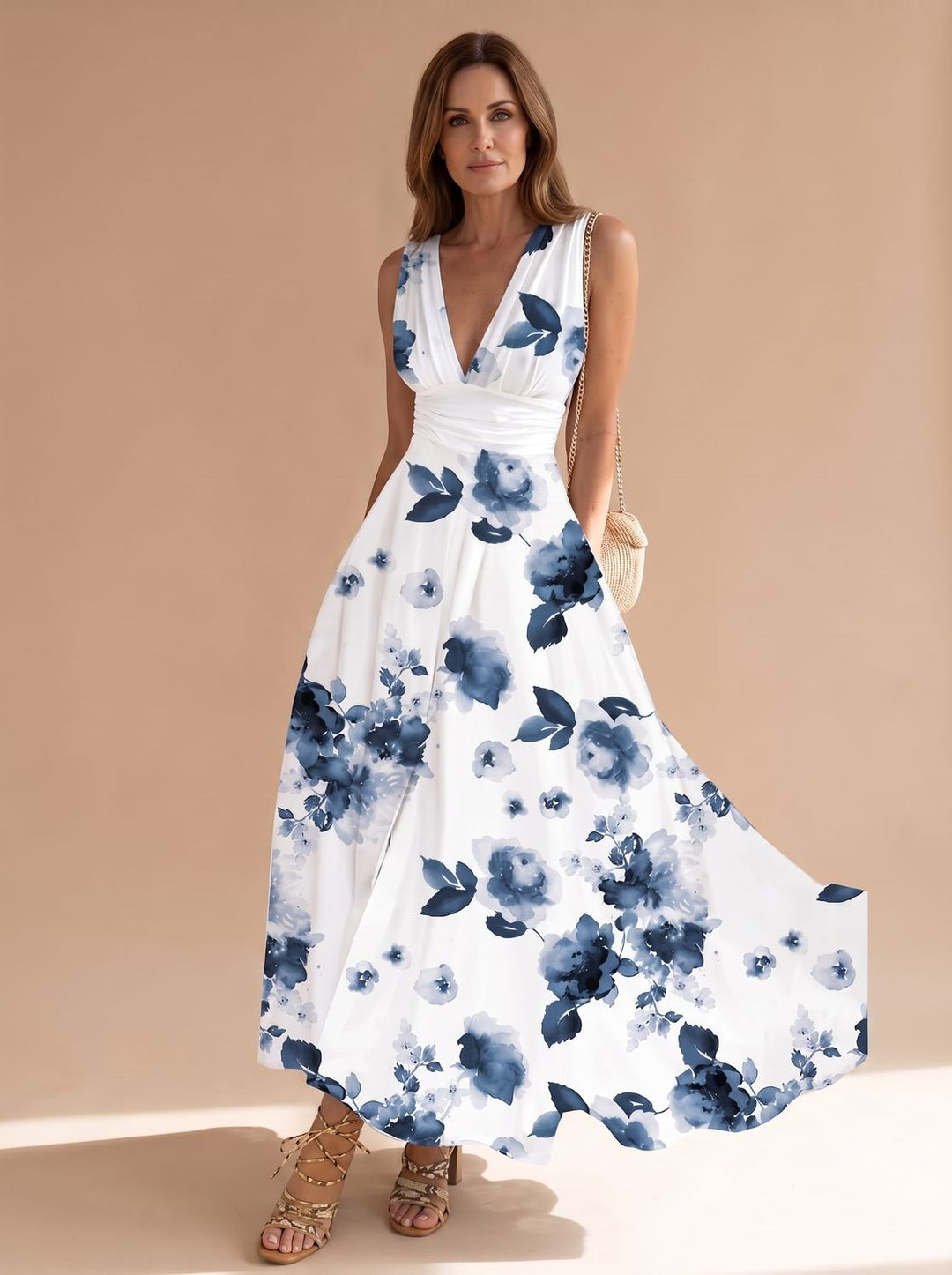 Women's Boho Sleeveless V-Neck Floral Maxi Dress - 1 Flower